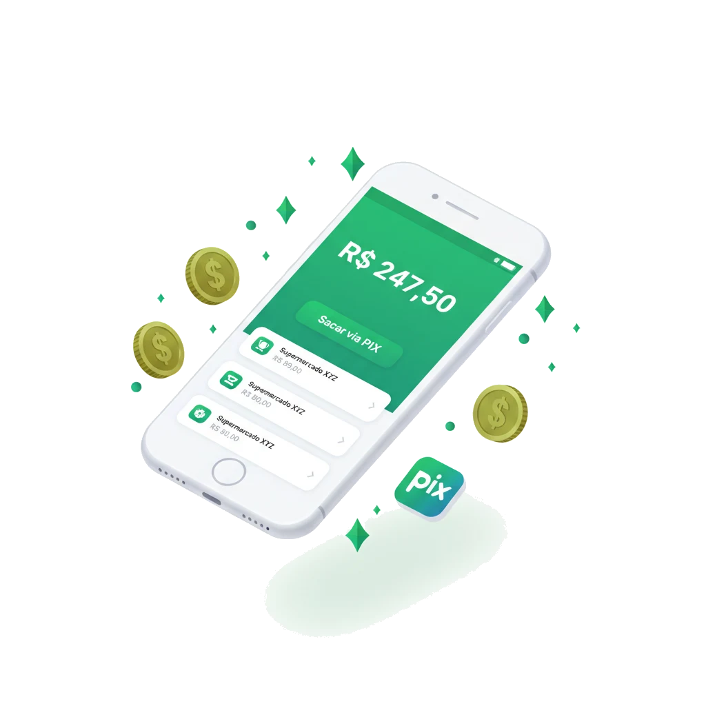 Aplicativo GanharMoney mostrando saldo de R$ 247,50 e botão Sacar via PIX